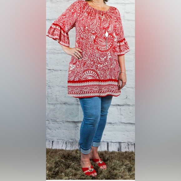 5 for $50 - Umgee Red and White Paisley Print Dress/Tunic - Picture 7 of 7
